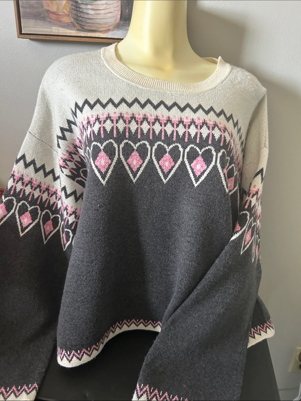 Philosophy Charcoal Gray Crewneck Sweater with Pink Heart Fair Isle